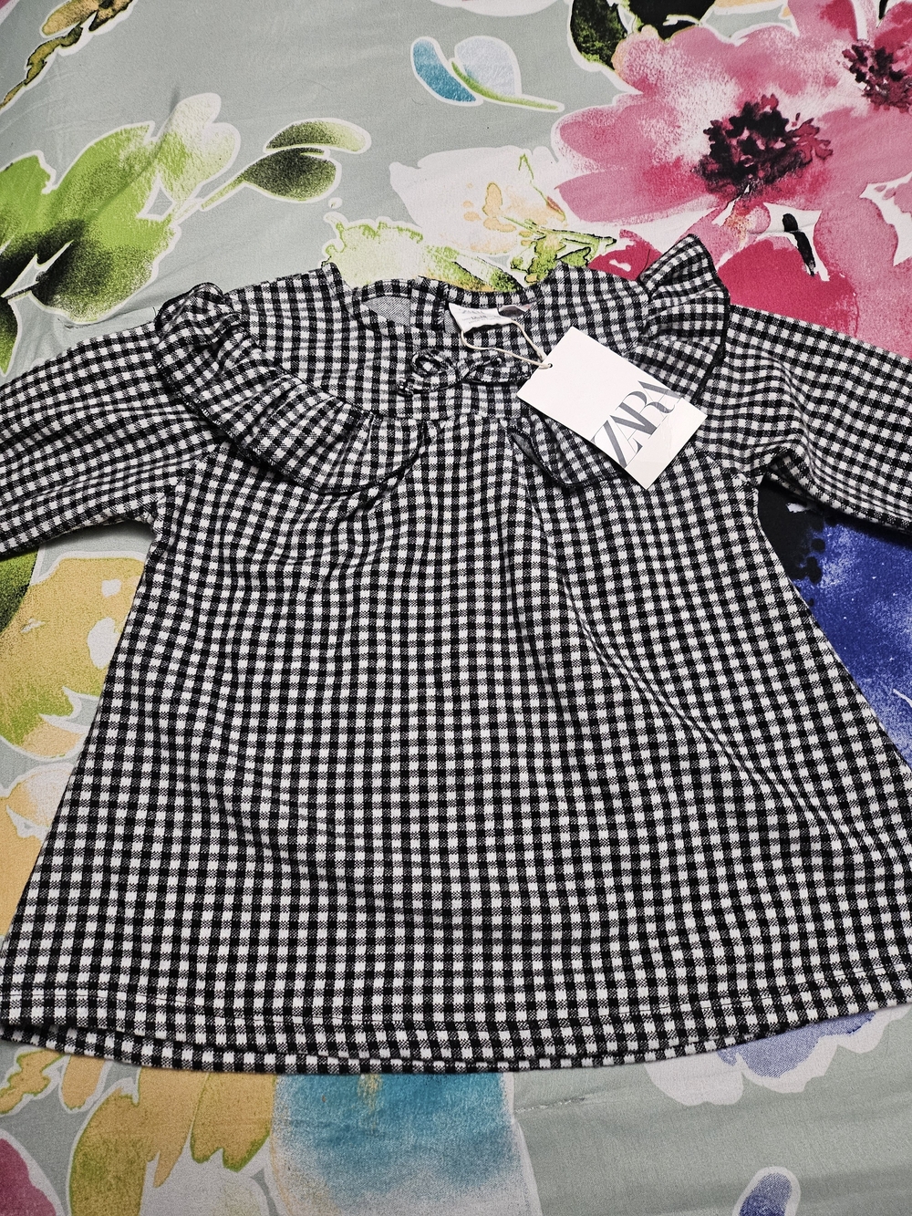 Zara Black & White Gingham Ruffle Collar Blouse